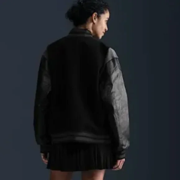 NWT New Nike Women's Destroyer Leather Bomber Jacket Coat Size Large L Black - Picture 2 of 6